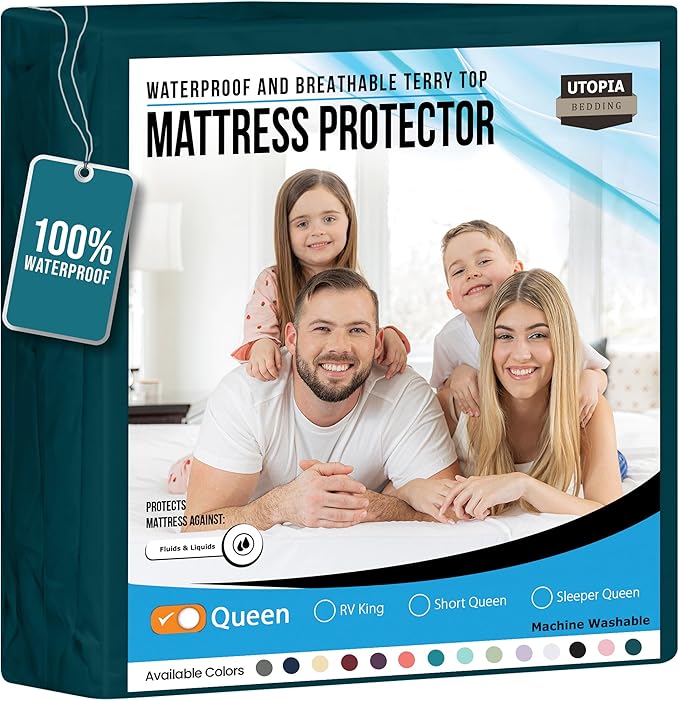 Utopia Bedding Waterproof Mattress Protector Queen Size, Premium Terry Mattress Cover 200 GSM, Breathable, Fitted Style with Stretchable Pockets (Teal) by TinyTreasures Baby Boutique